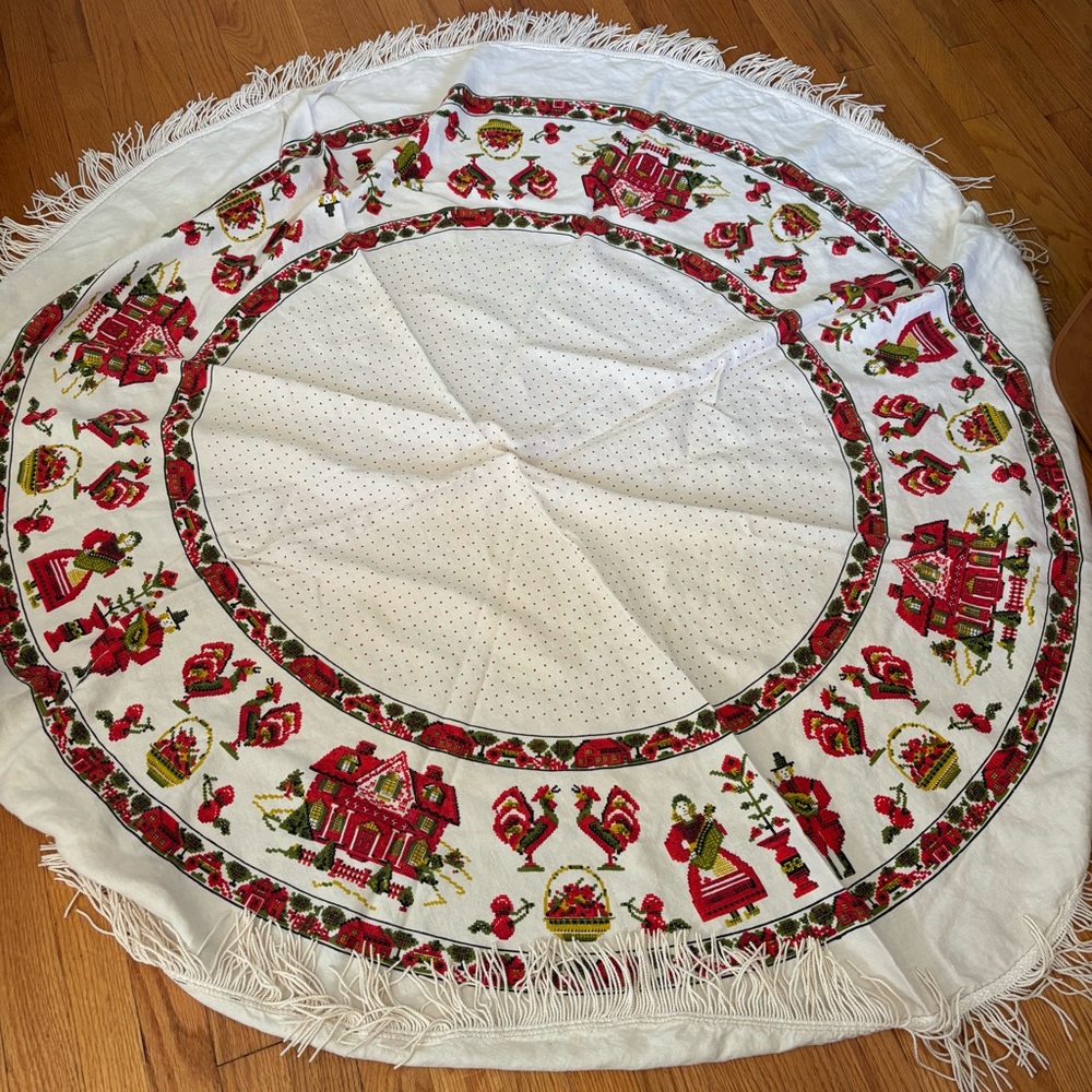 Vintage Festive Folk Art tablecloth with Red and Green Accents